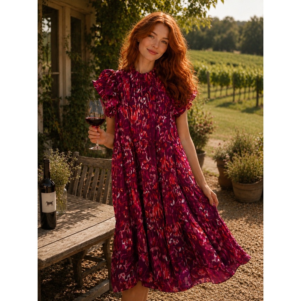 PINCH Madisyn Abstract Tiered Midi Dress Maroon Pink‎ Ruffle Neck Small NEW